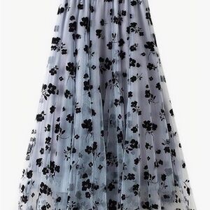 Women's Elastic High Waist Tulle Ruffle Pleated A-Line Swing Midi Skirt
